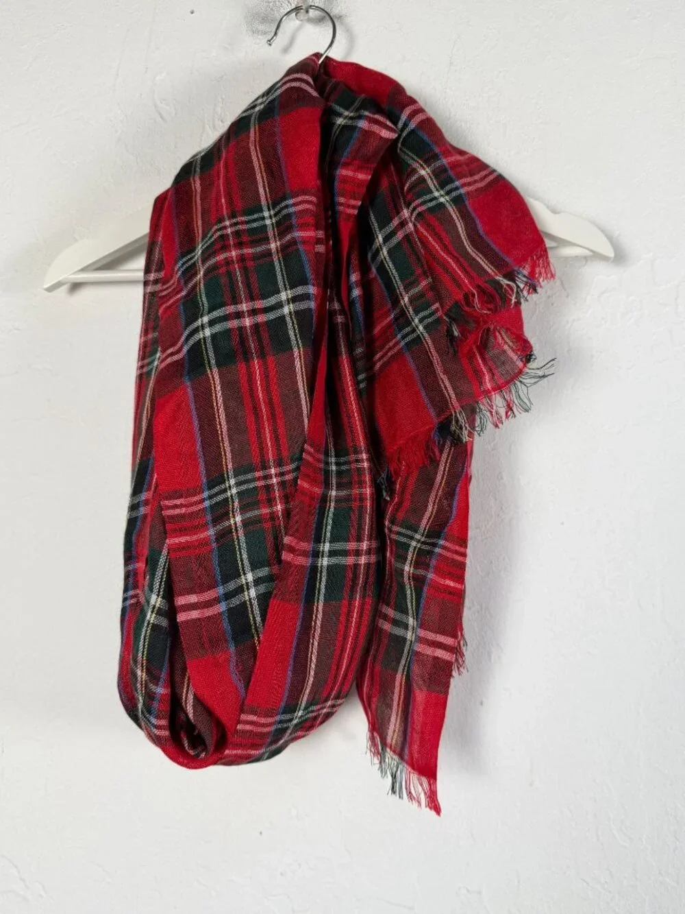 Red Tartan Plaid Scarf 78x29 Merino Wool & Bamboo Blend Fringe Edges Naturally K